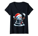 Womens Cartoon Ice Hockey Puck Snowman with Santa Hat Christmas V-Neck T-Shirt