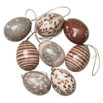 8 fina ägg med snöre till påsk, L. 5 cm, Ø3,5 cm – brunt & grönt med mönster och motiv