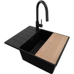 Evier Cuisine en Granit Tout Noir 62x50cm, Lavabo 1 bac + Kit de Vidage + Robinet + Planche à Découper, Évier à Encastrer au meuble 50cm - Top de