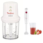 Moulinex Mini Hachoir Electrique Moulinette Compact 270 W - 250 ml & TURBOMIX mixeur Plongeant 350 W Bouton Unique, Produit réparable 10 Ans Protection Anti-éclaboussure, Acier Inoxydable, Blanc