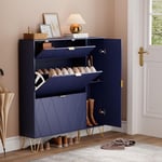 Armoire à Chaussure Inclinable, Meuble à Chaussure pour 16 Paires de Chaussure, Rangement Chaussure, Etagère Caché et Cabinet Botte sur Côté (Bleu)