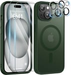 5 In 1 Magn??Tique Coque Compatible Avec Iphone 15 Aimant??E Avec 2 Verres Tremp??S Et 2 Cam??Ra Protecteur, Compatible Magsafe Dos Anti Rayures Coque Antichoc Tpu Bumper Case (Vert Fonc??)