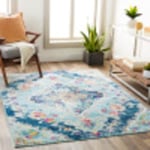 Livabliss Palma Tapis Vintage - Tapis de Salon, Salle à Manger, Chambre, Cuisine - Tapis Boheme Chic, Design Traditionnel Oriental Multicolore, Tapis Coloré Poil Court 160x216cm - Bleu, Moutarde, Gris