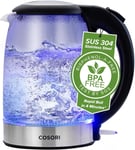 COSORI Electric Kettle Glass, Fast Boil Quiet, 3000W 1.5L with Blue LED, Steel