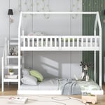 Lit Superposé, Lit Maison avec Escalier, Lit pour Enfants avec Barrière de Sécurité et Garde-corps, Cadre en Pin, Blanc - Roomfitters