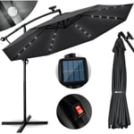tillvex Parasol déporté LED solaire (Gris) en aluminium 300 cm - Avec manivelle - Avec interrupteur marche/arrêt - Protection UV - Parasol à
