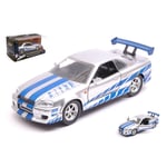 BRIAN'S NISSAN SKYLINE GT-R (R34) 2002 FAST & FURIOUS 7 SILVER/BLUE 1:32 Movie