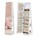 SONGMICS Armoire à Bijoux avec Miroir sur Pieds, Verrouillable, avec 6 LED, Rangement Bijoux Pivotant 360°, Miroir Psyché sans Cadre, 3 Étagères, Surface en Blanc, Doublure en Grège JJC007W02