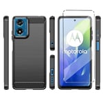 Cover for Motorola Moto E14 / G24 / G04 Case with 1 Pack Tempered Glass Screen Protector Phone Case for Motorola Moto E14 / G24 / G04,Soft TPU Slim Fit Shockproof Anti-Scratch carbon fibre Cover-Black