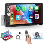 Podofo 1 Din Autoradio Carplay avec Écran Tactile 7'' Bluetooth 5.1 Android Auto Mirror Link pour iOS Et Android Micro/SD/USB/Equalizer/Contrôle du Volant 7 Boutons De Couleur avec Caméra De Recul