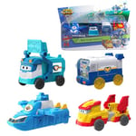 Super Wings Mini Team Transforming Vehicles, incluant World Aircraft Robot, Marc Cleaning Vehicle, Golden Wheels Vehicle, Super Pets Base, Transformer Toy pour garçons et Filles à partir de 3 Ans