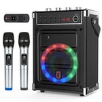 JYX Karaoke Machine with 2 UHF Wireless Microphones, Bass/Treble Bluetooth Speaker with LED Light, Support TWS, AUX In, FM, REC, Supply for Party/Adults/Kids - Black