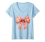 Womens Happy Valentine’s Day Heart Coquette Bow Women Girls Kids V-Neck T-Shirt