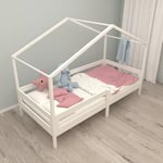 roba Lit cabane 90 x 200 cm - Lit pour enfants selon le principe Montessori - Extensible avec sommier à lattes et housse de lit cabane - Barrière de protection intégrée - Bois laqué blanc