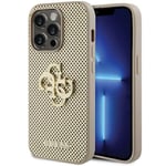 Étui Coque IPHONE 15 Pro Guess Paillettes Similicuir Couleur Dorée Logo en Métal