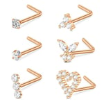 VF VFUN 6 Pièces 18G Piercing Nez Anneaux de Nez Courbés Acier Inoxydable en Forme de L Jeu de Goujons de Nez Diamant CZ Piercing de Nez Bijoux pour Femmes Hommes Or Rose