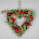 SHATCHI Prelit Battery Operated Christmas Home Hanging Wooden Twigs Base Decorated Baubles,Berries, Foliage,Pine Cones, Micro Rice LED Lights, Wood, Red Stars, Heart-30cm