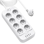 JSVER Multiprise Parasurtenseur,Bloc Multiprise 8 Prises avec 4 Ports USB Chargeur (3 USB A+1 USB C) Prise Multi Parasurtenseur Parafoudre et Surtension avec Interrupteur Cable 5M-Blanc