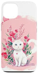 Coque pour iPhone 13 Chat blanc mignon, fond rose, art floral