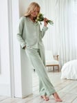 Chelsea Peers Satin Button Up Pyjama Set, Sage Green