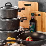 Karaca 7-Piece BlackGold Cookware Set - Non-Stick Pots and Pans Set, 3 Biogranite Pots with 3 Glass Lids & 1 Granite Frying Pan, PFOA Free, Dishwasher-Safe, Pots and Pan Set