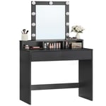 VASAGLE Coiffeuse, Miroir LED à Luminosité Réglable, Table de Maquillage avec Miroir, 2 Tiroirs et 3 Compartiments, Coin Beauté, Style Moderne, Noir RDT114T16