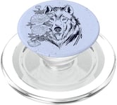 Portrait de loup avec des fleurs, vintage, bleu clair PopSockets PopGrip pour MagSafe