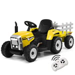 GOPLUS Tracteur Electrique Enfants avec Remorque 12V, Phare à LED et Musique, Voiture Electrique Enfants avec Télécommande Parental pour Enfants 3 Ans+, Charge Max 30KG(Jaune)