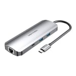 USB-C dockningsstation till HDMI, USB-C, 2x USB3.0, RJ45, SD, TF, TRRS 3,5 mm, PD 0,15 m Ventilation TOMHB (grå)