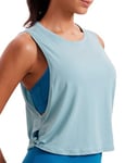 CRZ YOGA Pima Cotton Summer Gym Sleeveless Vest Tops for Women Light Elastic Running Crop Top Loose Crew Neck Yoga Shirt Pure Blue 16