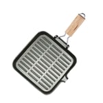 SOGA 24cm Ribbed Cast Iron Square Steak Frying Grill Skillet Pan with Folding Wooden Handle - Frying Pans - ZPai010