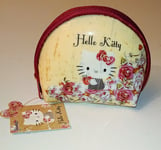 HELLO KITTY PU COIN PURSE Vintage Style DARK RED ZIP Half Moon Pouch Roses RARE