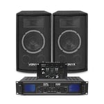 2x Vonyx 6" PA Party Speakers + DJ Mixer + Amplifier + Cables Disco System 500W