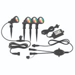 Brilliant Smart Wi-Fi RGB+White Garden Light Kit Smart App Control, 4 x LED spotlight, each with 2.2m cable, 160mm plastic stake, 3W per head RGB, IP68, Remote Control Enabled