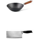 Bundle of Ken Hom Carbon Steel Non Stick Wok 27cm, Classic, Non-Induction/Wooden Handle/Flat Base Pan Black + Ken Hom Stainless Steel Cleaver Knife, 18 cm/7in