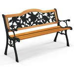 Costway - Banc de Jardin, Banc Extérieur en Bois, Banquette Jardin 3 Personnes avec Accoudoirs, Cadre en Métal Moulé, Motif de Fleur, Dossier en