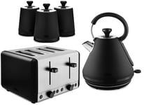 Tower Sera Black Pyramid Kettle 4 Slice Toaster & Canisters Matching Set of 5