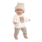 Llorens Hayley 1035002 Poupée aux Yeux Bleus et Corps Doux avec Sweat-Shirt à Motif Ours, Pantalon et Bonnet Marron, 35 cm