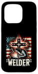 Coque pour iPhone 15 Pro Soudeur Drapeau Américain Soudage Foi Croix Chrétienne Soudure