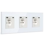 BSEED Triple Prise Murale avec USB et 1 Type C,16A Prise de Courant Alternatif avec Panneau en Verre,Multiprise Murale Max 2.1A,Convient au Smartphone, à la Tablette (3 Prise avec USB et Type C,Blanc)