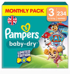 Pampers Paw Patrol Baby Dry Size 3 Nappy 6-10kg Saving Monthly Pack 234 Nappies