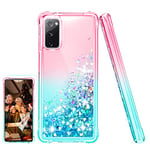 Pilaru for Galaxy S20 FE 4G/ 5G Case [with Screen Protector] Clear Liquid Heart Glitter Soft TPU Bumper Cover Shockproof Transparent Girly Phone Case for Samsung Galaxy S20 FE,Pink/Teal