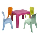 Resol Jan Set pour Enfant 1 intérieur, extérieur, Jardin, Table Fuchsia + 4 chaises Aquamint/Orange/Lime/Bleu