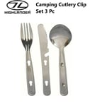 Highlander KFS Cutlery Clip Set 3 Pc Knife Fork Spoon Camping Fishing Festivals