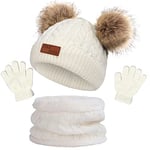 NLAND Ensemble Bonnet Écharpe Gants Enfant 3 en 1 Bonnet Hiver Enfant avec Pompon Tricoté Tour de Cou avec Doublure Gants Chaud Accessoires Hiver Set pour Fille Garçon 2-6 Ans(Blanc#1,Taille Unique)