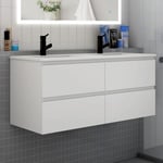 Meuble de salle de bain double vasque blanc, 120 cm meuble blanc avec lavabo céramique meuble  4 tiroirs