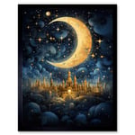 Golden City in the Clouds Surreal Artwork Blue Gold Crescent Moon Starry Night Fairytale Art Print Framed Poster Wall Decor 12x16 inch