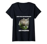 Womens Save The Environment Eat Plastic Funny Cute Cat Meme V-Neck T-Shirt