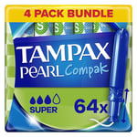 Tampax Compak Pearl Tampons, Super with Applicator, 64 Tampons (16 x 4 Packs), Leak Protection and Discretion