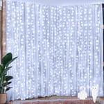 Ollny Curtain Fairy Lights, 200 LED 2m x 2m USB String Light Indoor Outdoor Waterproof Cool White Hanging Window Lights with Hooks, Bedroom/Outside/Wall/Door/House/Garden Decorations